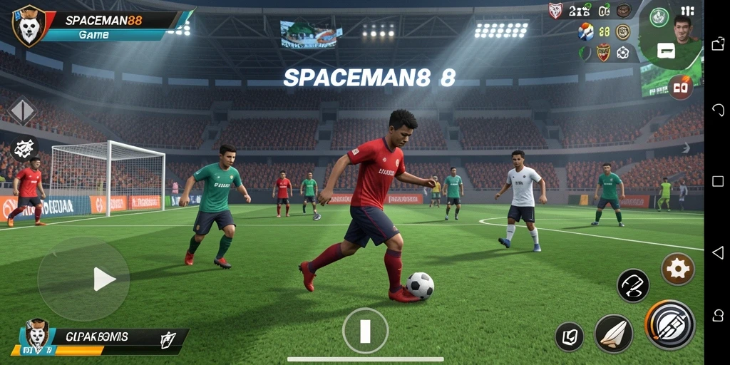 Screenshot gameplay <strong>SPACEMAN88</strong> menampilkan aksi seru di lapangan sepak bola.